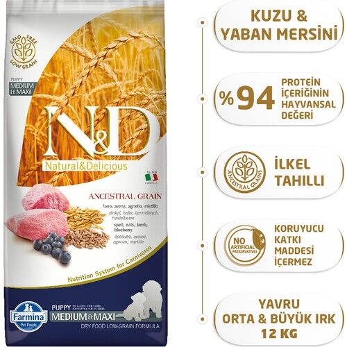 Nd Az Tahıllı Kuzulu Yavru Medium  Maxi Köpek Maması 12 Kg