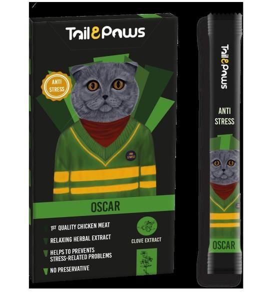 Tail & Paws OSCAR Stress Önleyici Tavuklu Şekersiz Sıvı Kedi Ödül Maması 15gr (5'li)