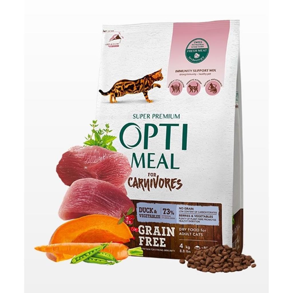 Optimeal Carnivores Ördekli ve Sebzeli Tahılsız Yetişkin Kedi Maması 4 Kg