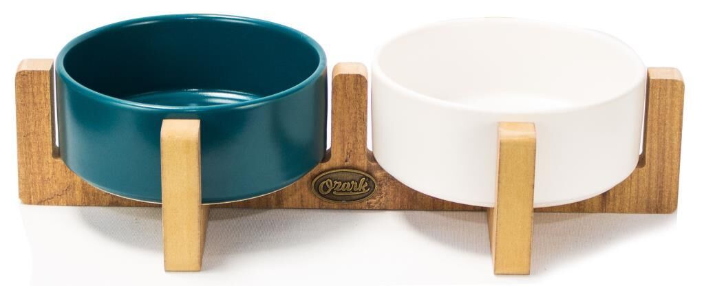 Petvoda Ozark 2'li Ahşap Seramik Mama ve Su Kabı Seti Mavi-Beyaz